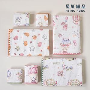 【星紅織品】手繪風南瓜動物園多層紗布速乾純棉浴巾/童巾/方巾三件套組