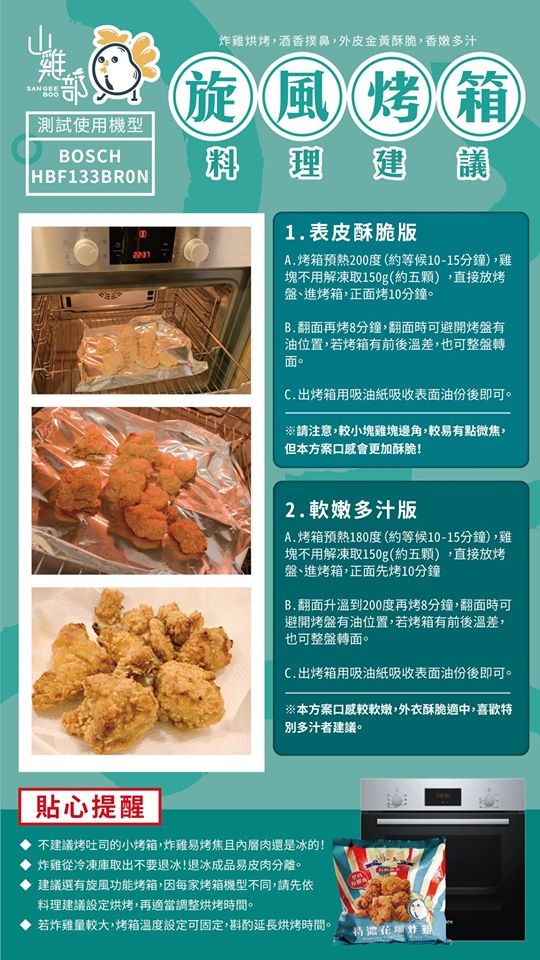 炸雞烘烤,酒香提鼻,外皮金黃酥脆,香嫩多汁，(旋)風)(烤) 箱，測試使用機型，理 建，1.表皮酥脆版，A.烤箱預熱200度(約等候10-15分鐘),雞，塊不用解凍取150g(約五顆),直接放烤，盤、進烤箱,正面烤10分鐘。B.翻面再烤8分鐘,翻面時