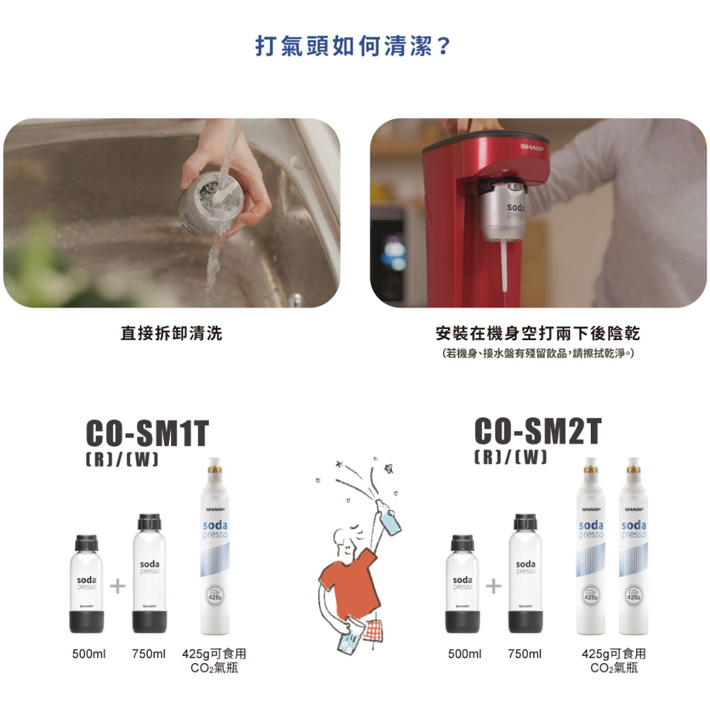 直接拆卸清洗,(盒),425g可食用,CO2氣瓶,打氣頭如何清潔?安裝在機身空打兩下後陰乾,(若機身、接水盤有殘留飲品,請擦拭乾淨。),(盒),425g可食用,CO2氣瓶。