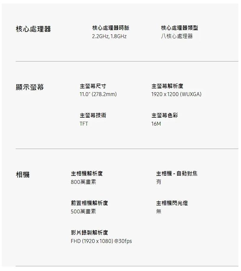 核心處理器，核心處理器時脈，核心處理器類型，八核心處理器，顯示螢幕，主螢幕尺寸，主螢幕解析度，主螢幕技術，主螢幕色彩，主相機解析度，800萬畫素，前置相機解析度，500萬畫素，影片錄製解析度，主相機- 自動對焦，主相機閃光燈。