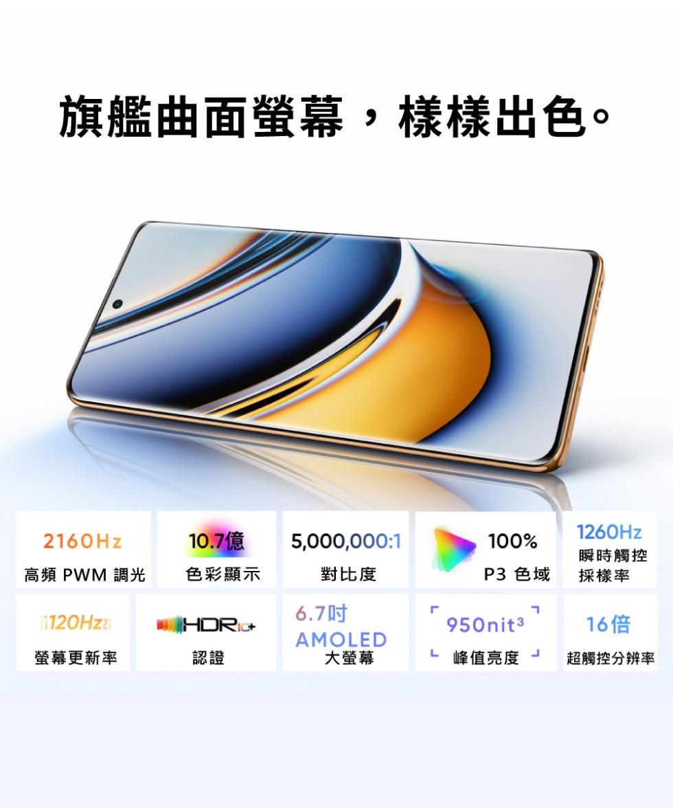 旗艦曲面螢幕,樣樣出色。瞬時觸控，P3 色域，採樣率，6.7吋，16倍，大螢幕， 峰值亮度，超觸控分辨率，10.7億，高頻 PWM 調光，色彩顯示，對比度，螢幕更新率。