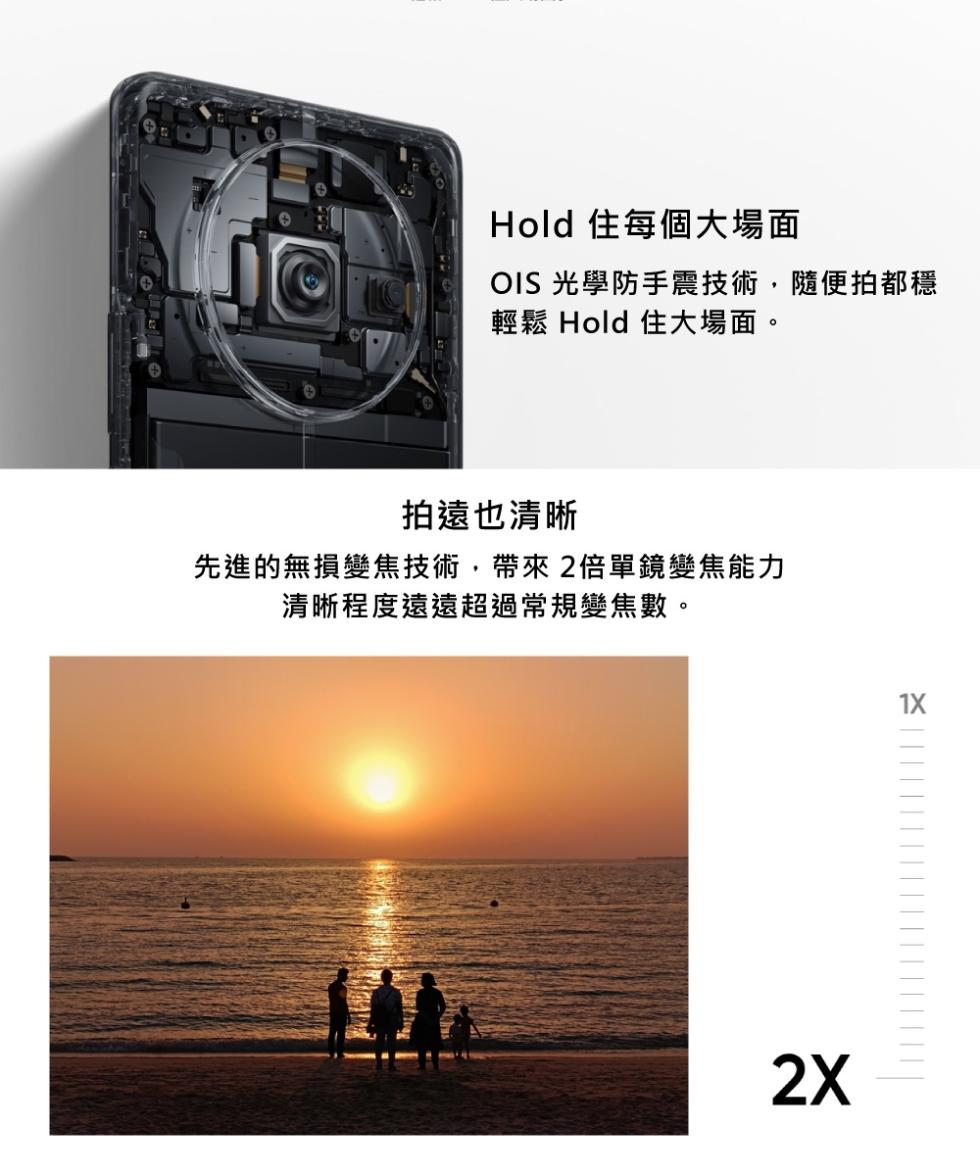 Hold 住每個大場面，OIS 光學防手震技術,隨便拍都穩，輕鬆 Hold住大場面。拍遠也清晰，先進的無損變焦技術,帶來2倍單鏡變焦能力，清晰程度遠遠超過常規變焦數。
