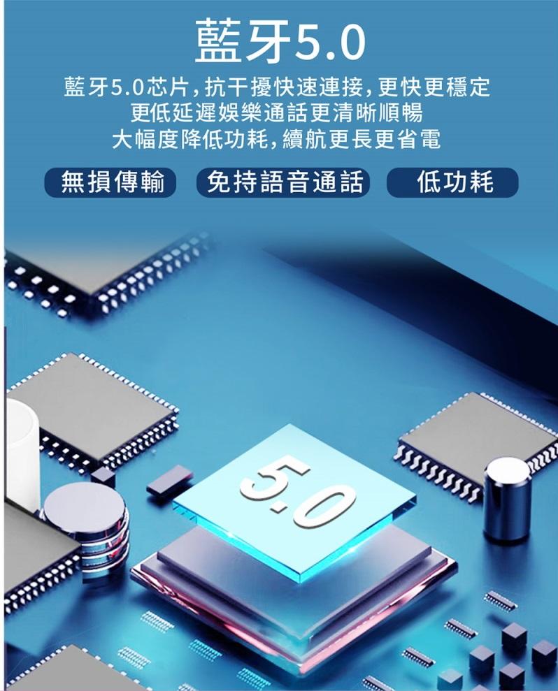 藍牙5.0，藍牙5.0芯片,抗干擾快速連接,更快更穩定，更低延遲娛樂通話更清晰順暢，大幅度降低功耗,續航更長更省電，無損傳輸 免持語音通話 低功耗。