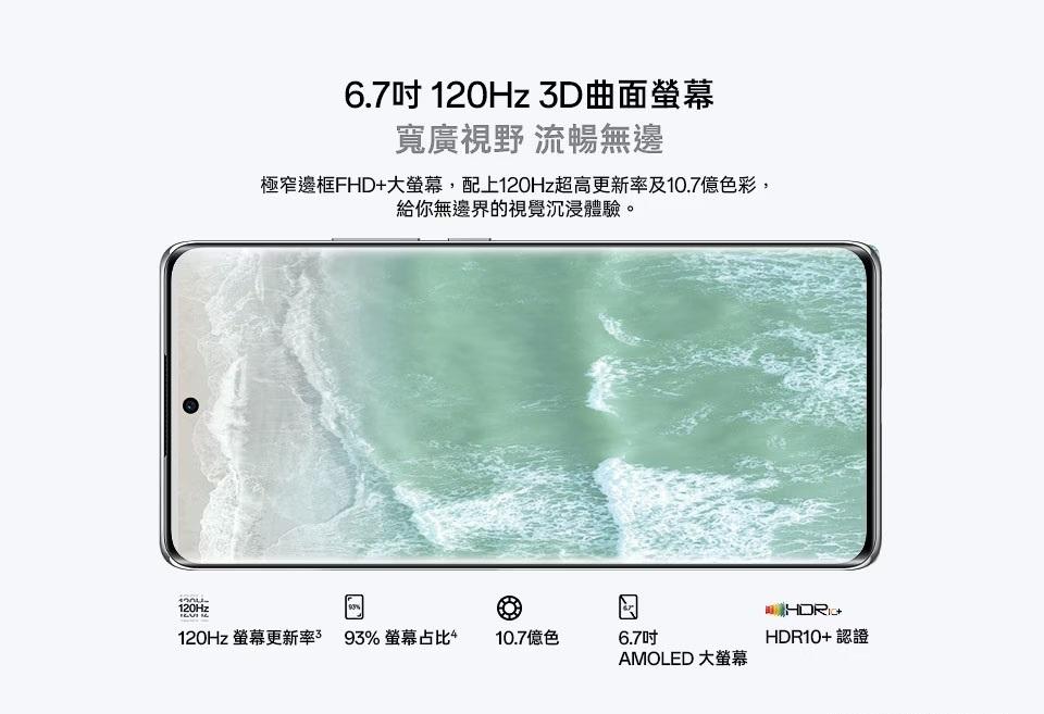 6.7吋 120Hz 3D曲面螢幕，寬廣視野 流暢無邊，極窄邊框FHD+大螢幕,配上120Hz超高更新率及10.7億色彩,給你無邊界的視覺沉浸體驗。120Hz 螢幕更新率93% 螢幕占比 10.7億色，6.7吋，HDR10+認證，AMOLED 大螢幕