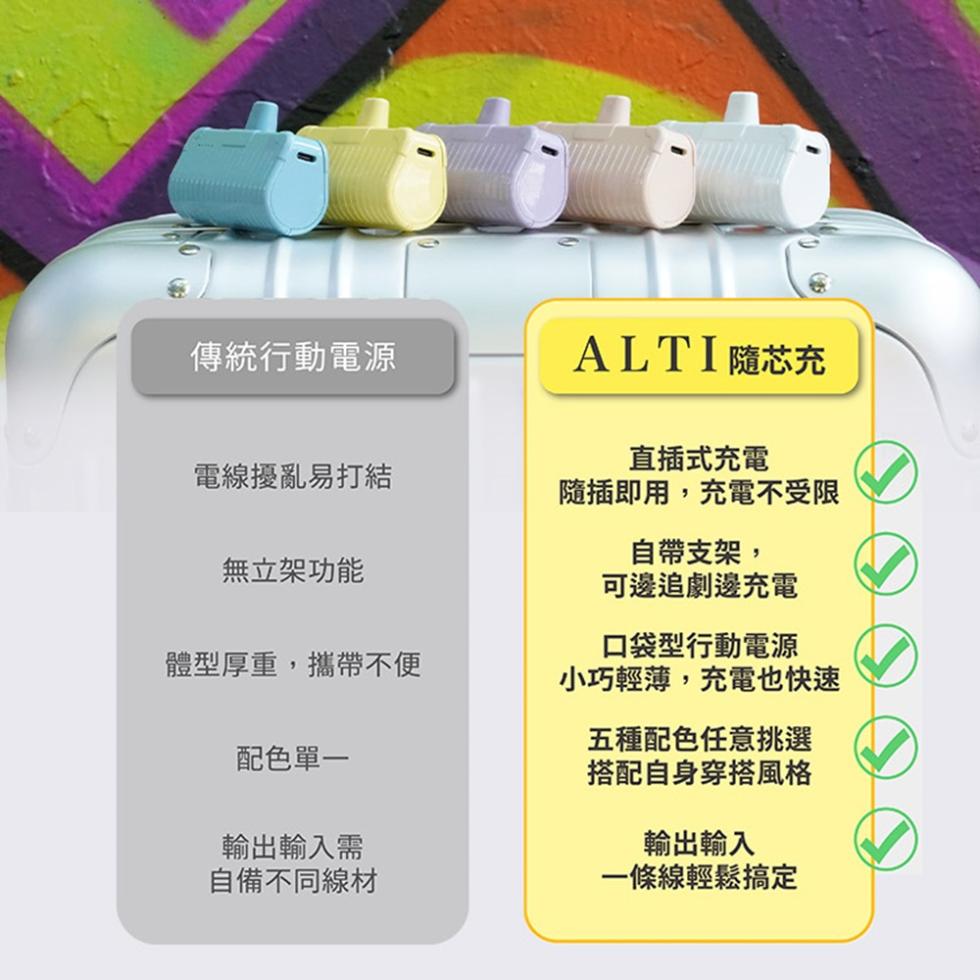傳統行動電源，電線擾亂易打結，無立架功能，ALTI隨芯充，直插式充電，隨插即用,充電不受限，自帶支架,可邊追劇邊充電，體型厚重,攜帶不便，口袋型行動電源，小巧輕薄,充電也快速，配色單一，輸出輸入需，自備不同線材，五種配色任意挑選，搭配自身穿搭風格，輸