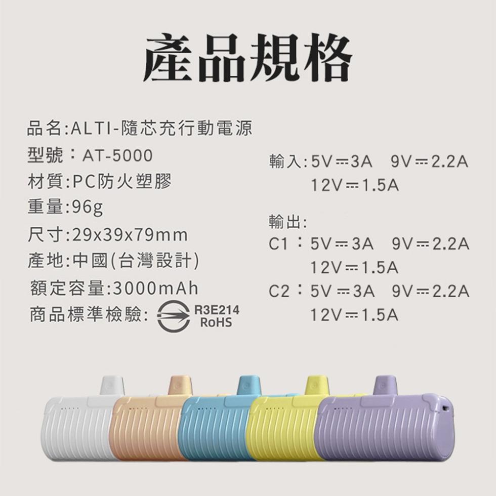 產品規格，品名:ALTI-隨芯充行動電源，型號:AT-5000，材質:PC防火塑膠，重量:96g，尺寸:29x39x79mm，產地:中國(台灣設計)，額定容量:3000mAh，商品標準檢驗:輸入:5V=3A 9V-2.2A，輸出:。