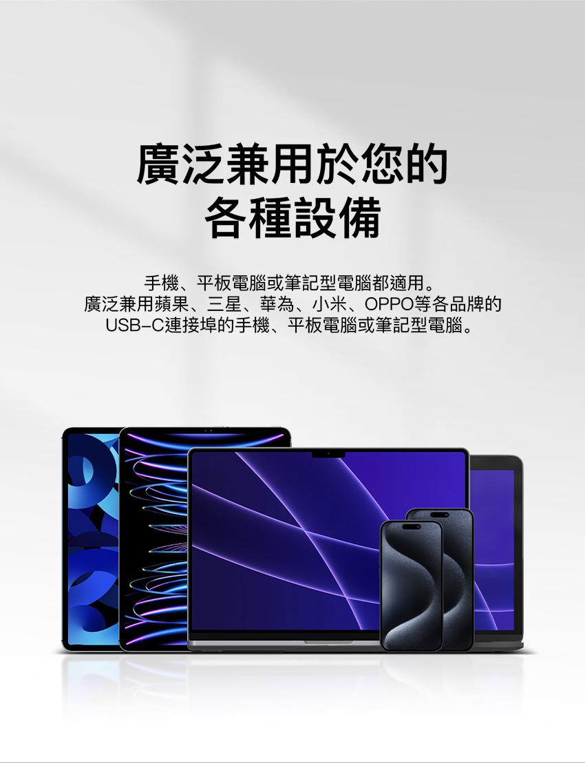 廣泛兼用於您的，各種設備，手機、平板電腦或筆記型電腦都適用。廣泛兼用蘋果、三星、華為、小米、OPPO等各品牌的，USB-C連接埠的手機、平板電腦或筆記型電腦。