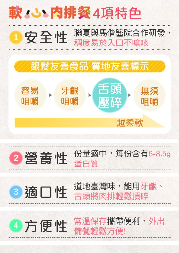 軟肉排餐4項特色，1 安全性 聯夏與馬偕醫院合作研發,稠度易於入口不嗆咳，銀髮友善食品 質地友善標示，越柔軟，2 營養性 份量適中,每份含有6-8.5g，蛋白質，道地臺灣味,能用牙齦，適口性 舌頭將肉排輕鬆頂碎，4 方便性 備餐輕鬆方便!常溫保存攜帶