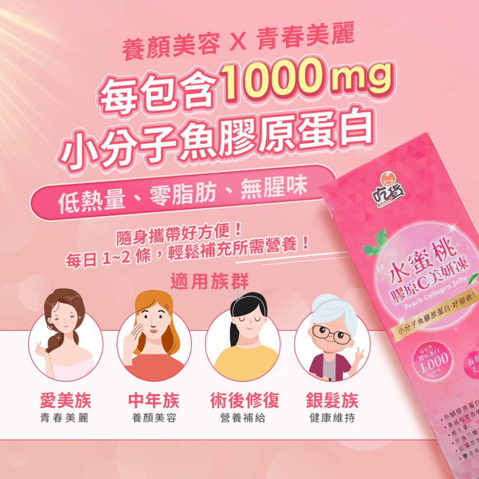 養顏美容 X 青春美麗，每包含1000mg，小分子魚膠原蛋白，低熱量、零脂肪、無腥味，隨身攜帶好方便!每日1~2 條,輕鬆補充所需營養!適用族群，水蜜桃，膠原C美妍凍，小分子魚膠原蛋白·好吸收!愛美族，N包含，青春美麗，中年族，豐原蛋白，養顏美容，術