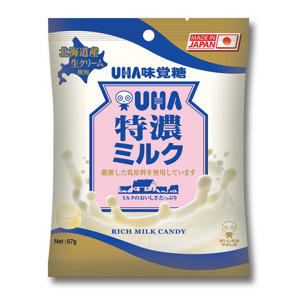 北海道産，生クリーム，UHA味覚糖，ⓇUHA，ミルク，厳撰した乳原料を使用しています，ミルクのおいしさたっぷり，おいしさは，やさしさ。