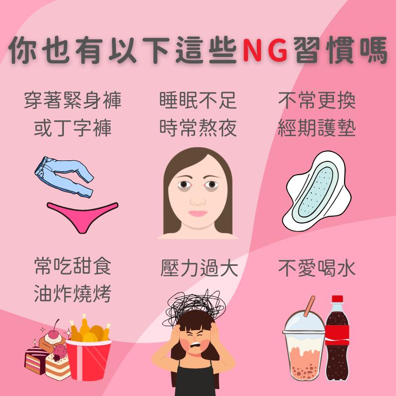 你也有以下這些NG習慣嗎，穿著緊身褲，睡眠不足 不常更換，或丁字褲，時常熬夜，經期護墊，常吃甜食，壓力過大，不愛喝水，油炸燒烤。