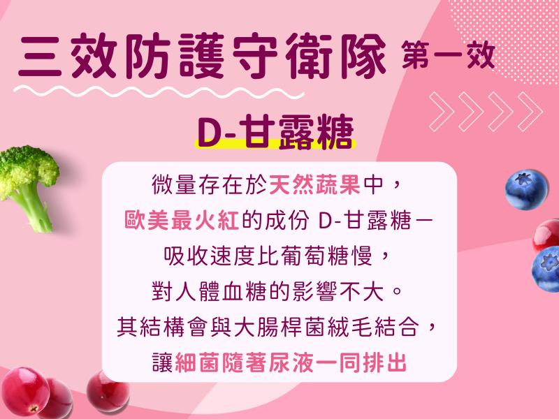 三效防護守衛隊 第一，D-甘露糖，微量存在於天然蔬果中,歐美最火紅的成份 D-甘露糖-吸收速度比葡萄糖慢,對人體血糖的影響不大。其結構會與大腸桿菌絨毛結合,讓細菌隨著尿液一同排出。