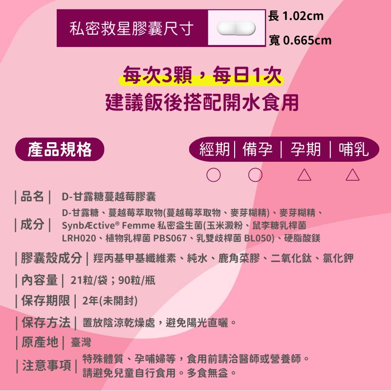 私密救星膠囊尺寸，長1.02cm，寬0.665cm，每次3顆,每日1次，建議飯後搭配開水食用，產品規格，經期備孕 孕期 哺乳，品名D-甘露糖蔓越莓膠囊，D-甘露糖、蔓越莓萃取物(蔓越莓萃取物、麥芽糊精)、麥芽糊精、 成分 SynbÆctive® Fe