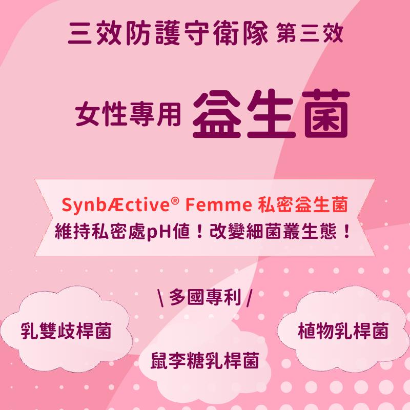 三效防護守衛隊 第三效，女性專用 益生菌，SynbÆctive ® Femme 私密益生菌，維持私密處pH值!改變細菌叢生態! 多國專利/，乳雙歧桿菌，植物乳桿菌，鼠李糖乳桿菌。