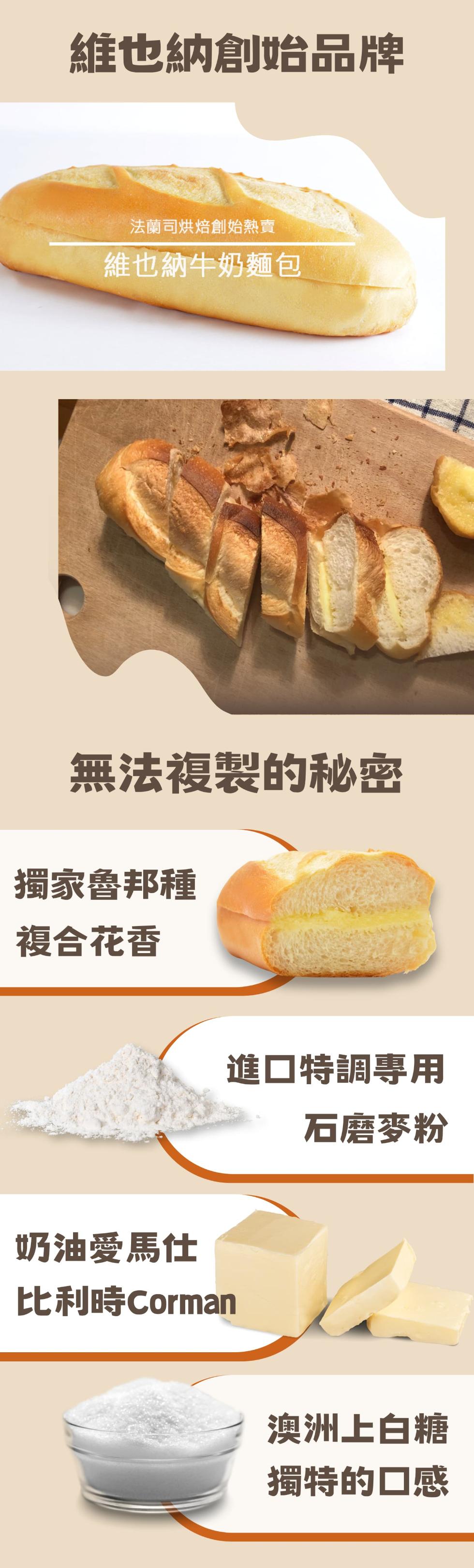 維也納創始品牌，法蘭司烘焙創始熱賣，維也納牛奶麵包，無法複製的秘密，獨家魯邦種，複合花香，進口特調專用，石磨麥粉，奶油愛馬仕，比利時Corman，澳洲上白糖，獨特的口感。