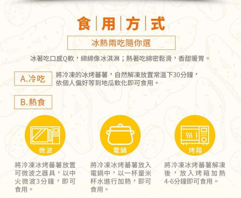 食用方式，冰熱兩吃隨你選，冰著吃口感Q軟,綿綿像冰淇淋;熱著吃綿密鬆滑,香甜暖胃，A.冷吃，B.熱食，將冷凍的冰烤蕃薯,自然解凍放置常溫下30分鐘,依個人偏好等到地瓜軟 即可食用。將冷凍冰烤蕃薯放置，可微波之器具,以中，火微波3分鐘,即可，食用。將冷