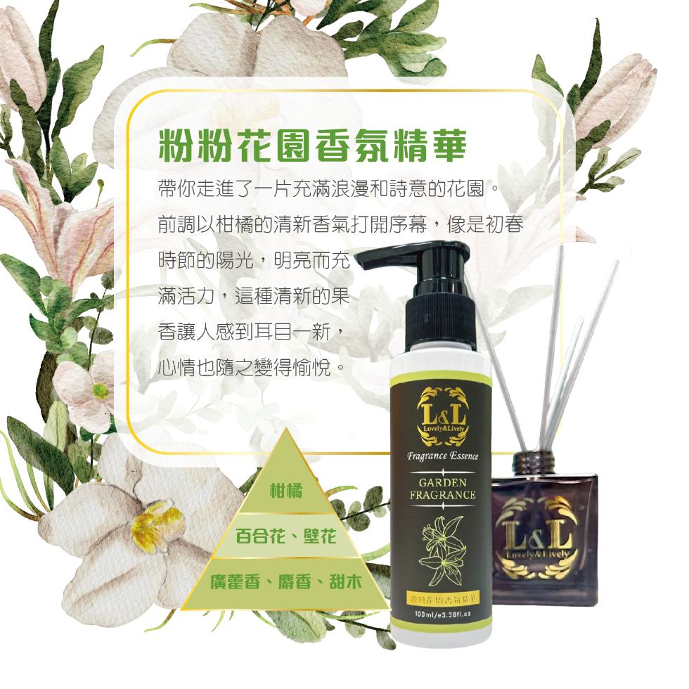 粉粉花園香氛精華，帶你走進了一片充滿浪漫和詩意的花園。前調以柑橘的清新香氣打開序幕,像是初春，時節的陽光,明亮而充，滿活力,這種清新的果，香讓人感到耳目一新,心情也隨之變得愉悅。百合花、壁花，廣藿香、麝香、甜木。