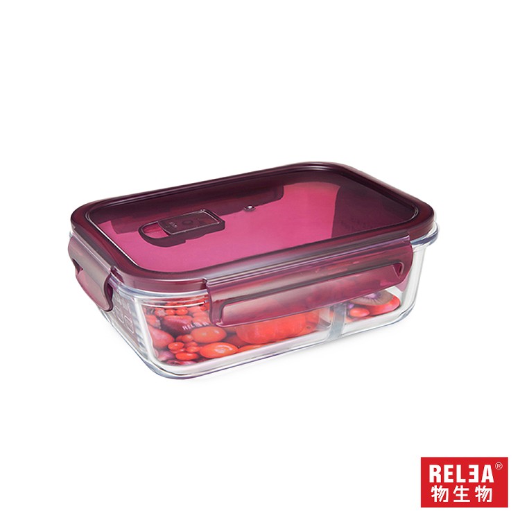 【RELEA物生物】1040ml三分隔耐熱玻璃保鮮盒 莓果紫