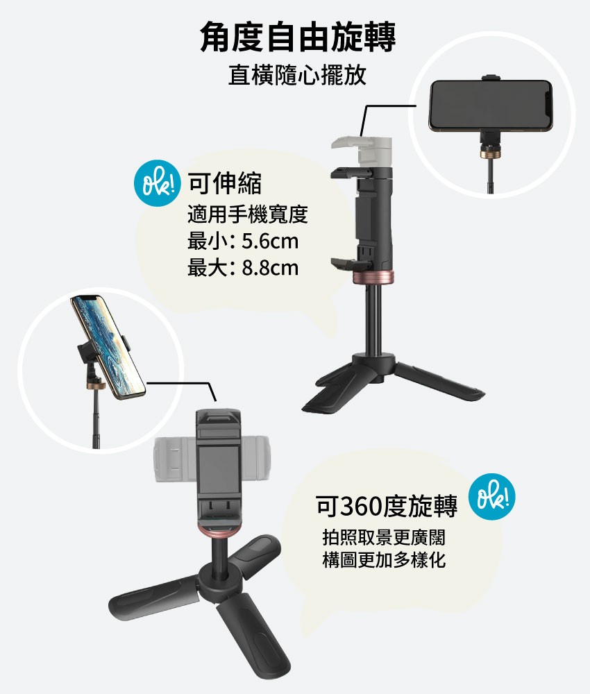 角度自由旋轉，直橫隨心擺放，ke可伸縮，適用手機寬度，最小:5.6cm，最大:8.8cm，可360度旋轉k!拍照取景更廣闊，構圖更加多樣化。