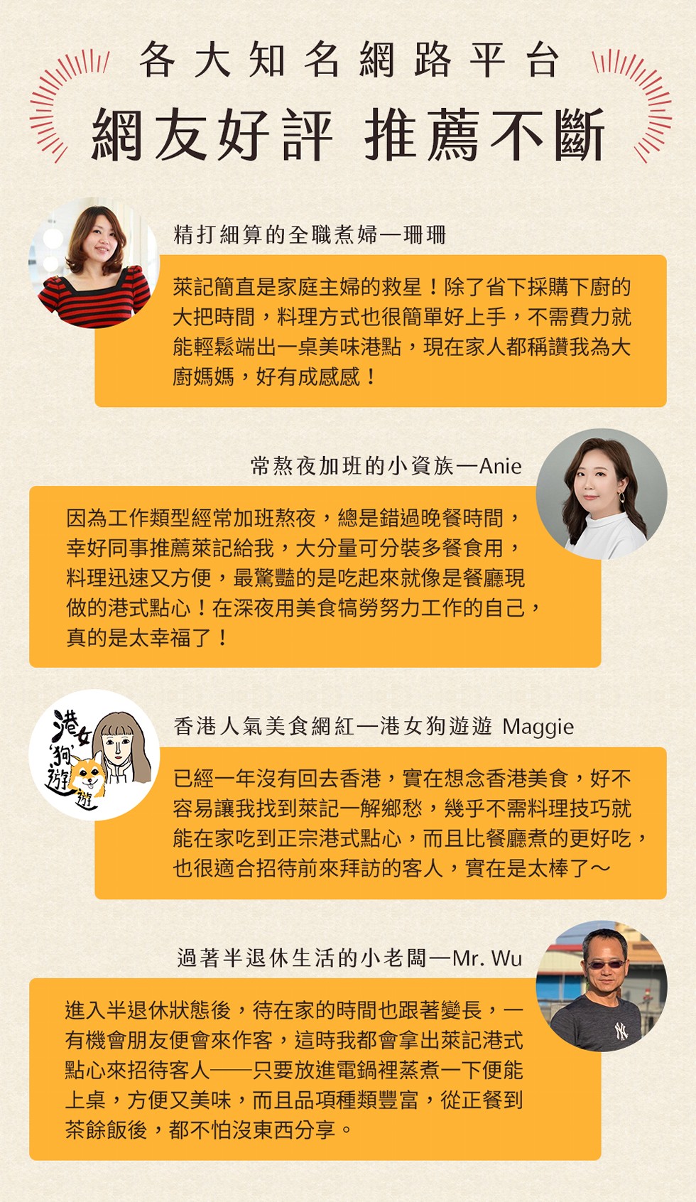 各大知名網路平台，網友好評 推薦不斷，精打細算的全職煮婦一珊珊，萊記簡直是家庭主婦的救星!除了省下採購下廚的，大把時間,料理方式也很簡單好上手,不需費力就，能輕鬆端出一桌美味港點,現在家人都稱讚我為大，廚媽媽,好有成感感!常熬夜加班的小資族一Anie