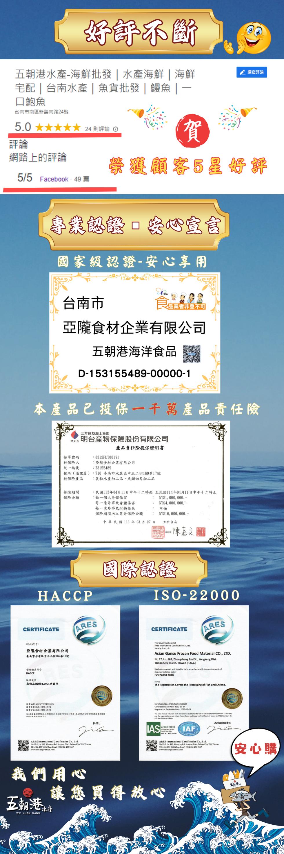 好評不斷，五朝港水產-海鮮批發 水產海鮮 海鮮，宅配 台南水產 魚貨批發 鰻魚 ，口鮑魚，撰寫評論，台南市南區新義南路24號，24 則評論 ①，網路上的評論，5/5 Facebook 49 票，縈獲顧客5星妤語，專業認證安心食，國家級認證-安