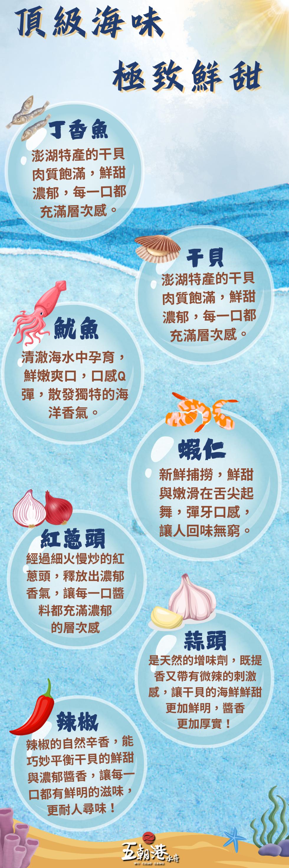 頂級海味，丁香魚，極致鮮甜，澎湖特產的干貝，肉質飽滿,鮮甜，濃郁,每一口都，充滿層次感。清澈海水中孕育,鮮嫩爽口,口感Q，彈,散發獨特的海，洋香氣。紅蔥頭，經過細火慢炒的紅，蔥頭,釋放出濃郁，香氣,讓每一口醬，料都充滿濃郁，的層次感，辣椒的自然辛香,