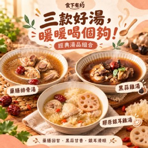 【食下有約】立冬進補 暖心溫補湯品組(藥膳排骨湯、黑蒜雞湯、膠原銀耳雞湯)