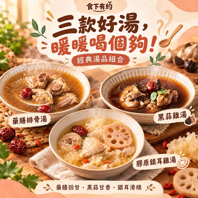 【食下有約】立冬進補 暖心溫補湯品組(藥膳排骨湯、黑蒜雞湯、膠原銀耳雞湯)