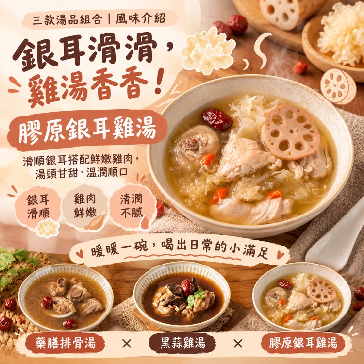 【食下有約】立冬進補 暖心溫補湯品組(藥膳排骨湯、黑蒜雞湯、膠原銀耳雞湯)