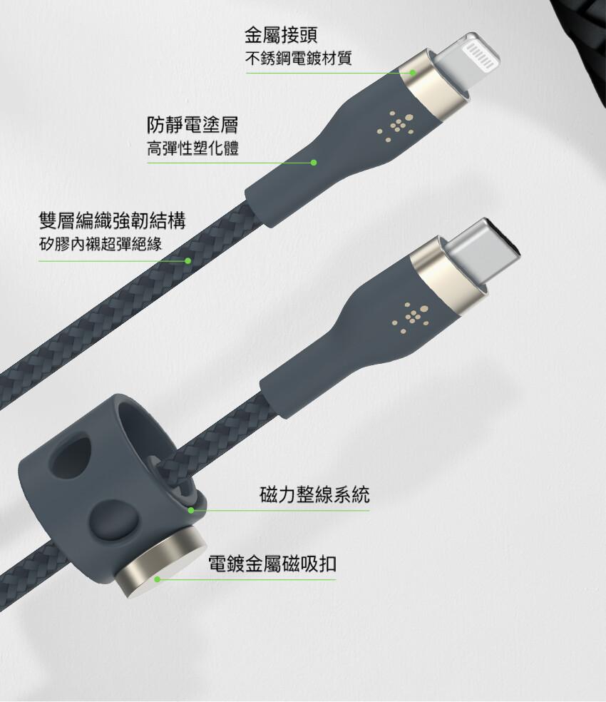 防靜電塗層，高彈性塑化體，雙層編織強韌結構，矽膠內襯超彈絕緣，金屬接頭，不銹鋼電鍍材質，磁力整線系統，電鍍金屬磁吸扣。