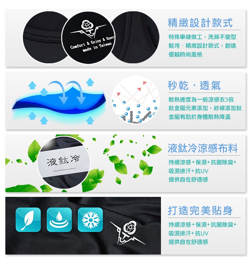 精緻設計款式，特殊車縫做工,洗滌不變型，鬆垮。精緻設計款式,創造，優越時尚風格，秒乾,透氣，散熱速度為一般涼感衣3倍，鈦金屬元素添加,紗線添加鈦，金屬有助於身體散熱降溫，液鈦冷涼感布料，液鈦冷，持續涼感+保濕+抗菌除臭+，吸濕排汗+抗UV，提供自在舒