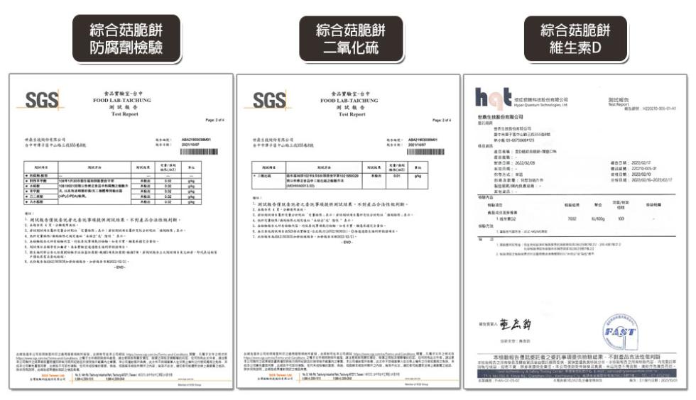 綜合菇脆餅，防腐劑檢驗，食品實驗室-台中，測試報告，文共分频打機等核，国民起来，湖玩報告情概要說者之条现事模提供的記錄數,不對產品合法性機到到，濕粉法: 192，綜合菇脆餅，二氧化硫，食品實驗室-台中，測試報告，2006121至2英超度，NER素，世