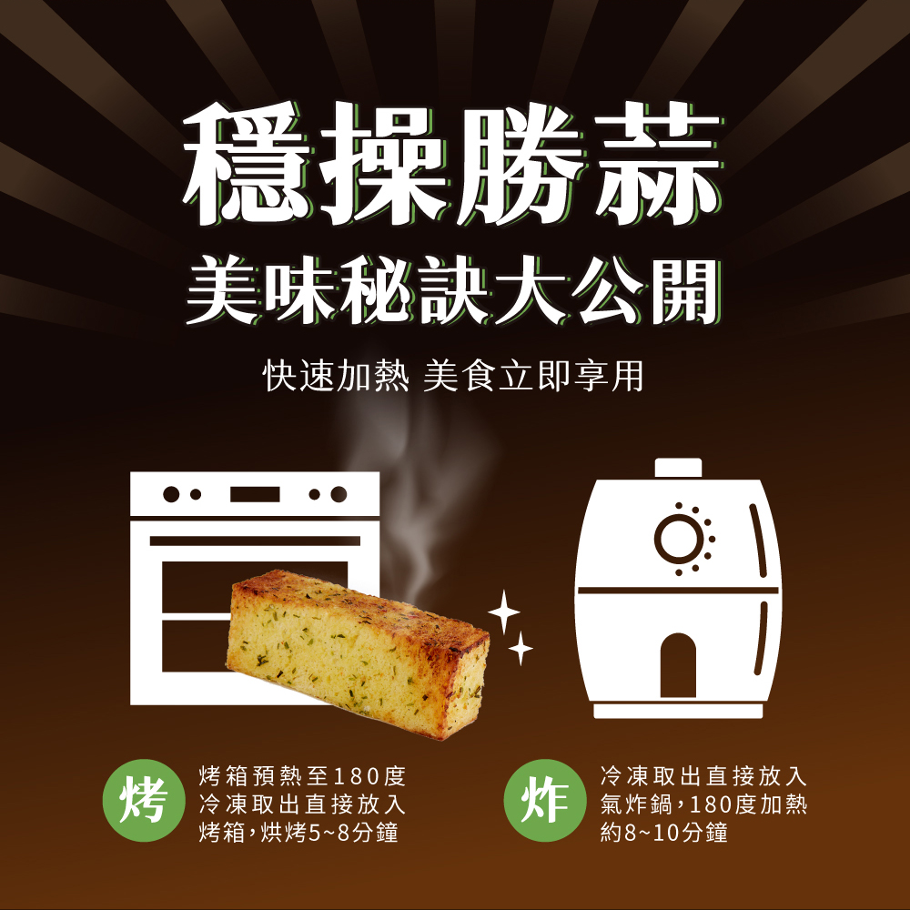 穩操勝蒜,美味秘訣大公開,快速加熱 美食立即享用,烤箱預熱至180度,冷凍取出直接放入,烤箱,烘烤5~8分鐘,冷凍取出直接放入,氣炸鍋,180度加熱,約8~10分鐘。