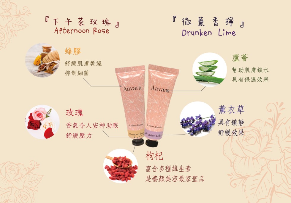  微薰香檸下 午菜玫瑰，舒緩肌膚乾燥，幫助肌膚鎖水，抑制細菌，具有保濕效果，薰衣草，香氣令人安神助眠，舒緩壓力，具有鎮靜，舒緩效果，富含多種維生素，是養顏美容最家聖品。