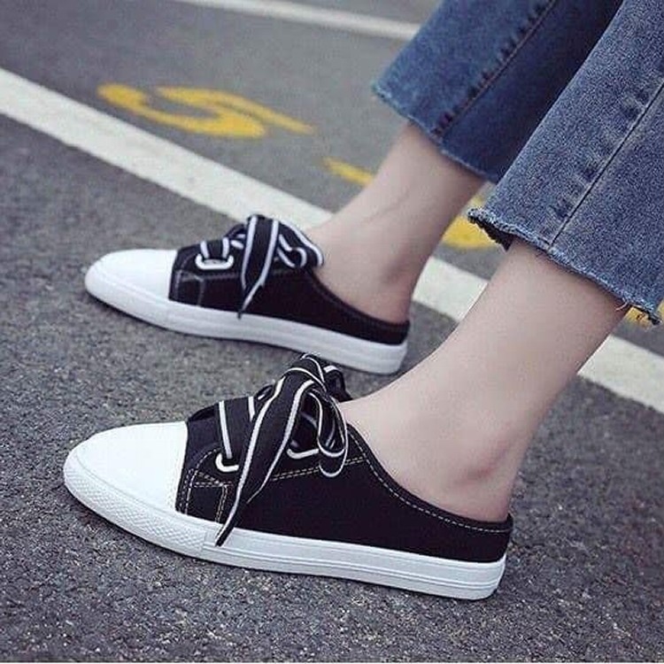 夏日蝴蝶結半拖帆布鞋(黑)