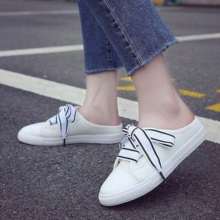 夏日蝴蝶結半拖帆布鞋(白)