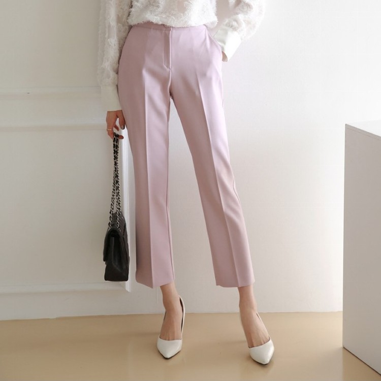 正韓(韓國空運回台) 春季新款- 粉嫩素色腰圍鬆緊彈性舒適直統西裝褲(三色)