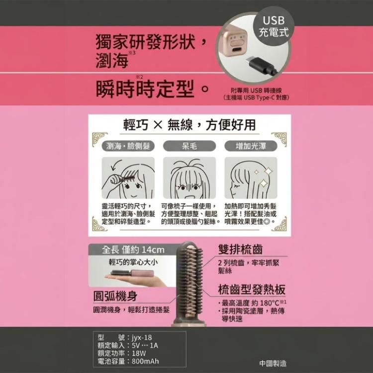 【CITY STAR】無線充電迷你直髮梳 劉海蓬鬆造型｜直捲兩用電熱梳｜隨身便攜款
