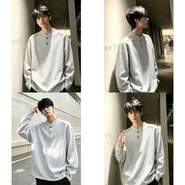 【CityStar】美式復古亨利領男款字母刺繡休閒長袖上衣