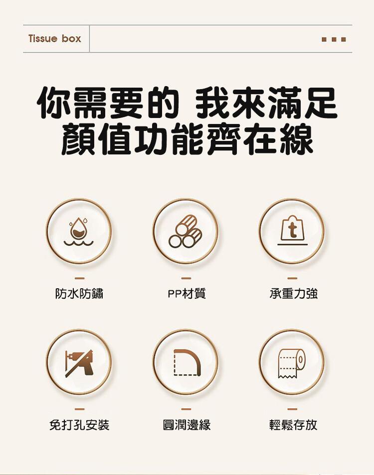 你需要的 我來滿足，顏值功能齊在線，防水防鏽，PP材質，承重力強，免打孔安装，圓潤邊緣，輕鬆存放。