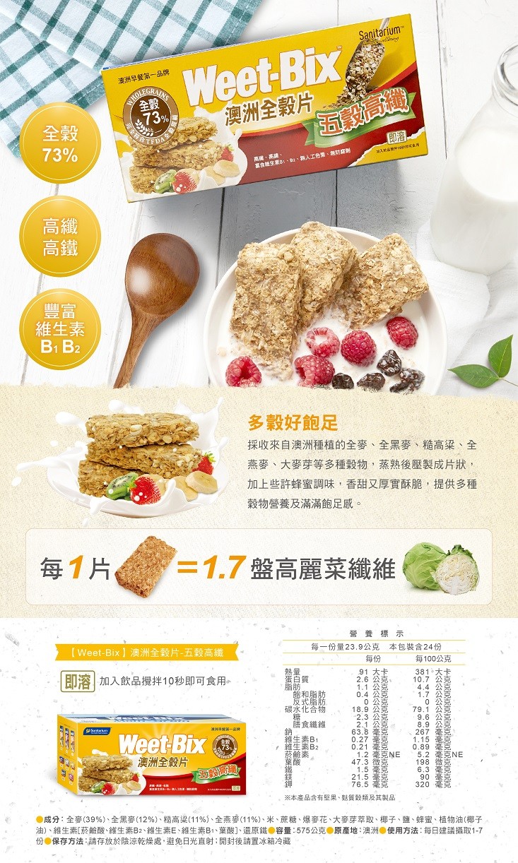 澳洲早餐第一品牌，維生素，每1片。用条特色，澳洲全穀片，Sanitarium™，·高浦、高雄、富食生素B1、B1、無人工色素、無防腐劇，多穀好飽足，採收來自澳洲種植的全麥、全黑麥、糙高粱、全，燕麥、大麥芽等多種穀物,蒸熟後壓製成片狀,加上些許蜂蜜調味