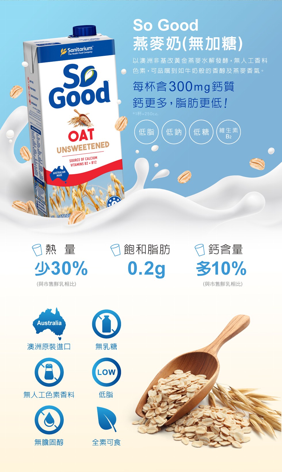 日熱量,少30%,(與市售鮮乳相比),無膽固醇,澳洲原裝進口,無人工色素香料,無乳糖,全素可食,燕麥奶(無加糖),以澳洲非基改黃金燕麥水解發酵,無人工香料,色素,可品嚐到如牛奶般的香醇及燕麥香氣。每杯含300mg鈣質,鈣更多,脂肪更低!1杯=250c