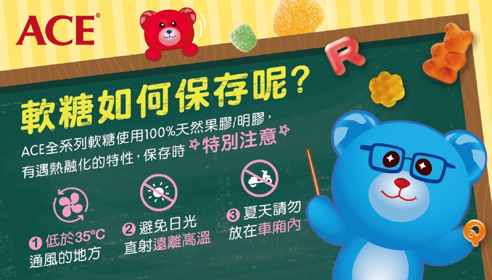 軟糖如何保存呢?ACE全系列軟糖使用100%天然果膠/明膠,有遇熱融化的特性,保存時特別注意，低於35℃，通風的地方，②避免日光，直射遠離高溫，6夏天請勿，放在車廂內。