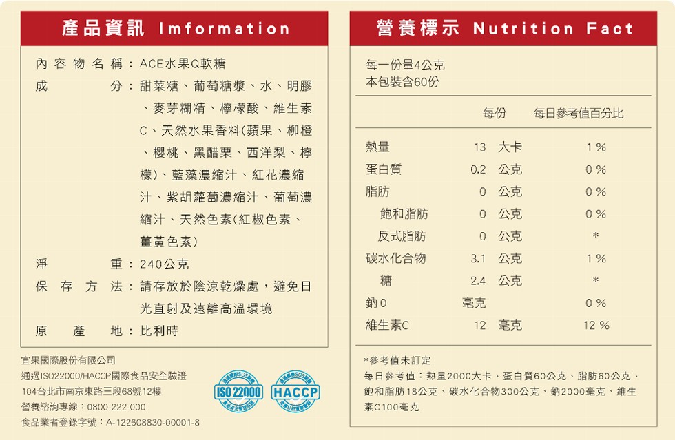 產品資訊 Im formation，內容物名稱:ACE水果Q軟糖，分:甜菜糖、葡萄糖漿、水、明膠，麥芽糊精、檸檬酸、維生素，C、天然水果香料(蘋果、柳橙，櫻桃、黑醋栗、西洋梨、檸，檬)、藍藻濃縮汁、紅花濃縮，汁、紫胡蘿蔔濃縮汁、葡萄濃，縮汁、天然色素