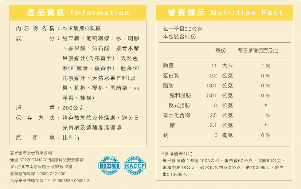 內容物名稱:ACE酸熊Q軟糖，產品資訊 Imformation，分:甜菜糖、葡萄糖漿、水、明膠，蘋果酸、酒石酸、接骨木漿，果濃縮汁(含花青素)、天然色，素(紅椒素、薑黃素)、藍藻/紅，花濃縮汁、天然水果香料(蘋，果、柳橙、櫻桃、黑醋栗、西，洋梨、檸檬