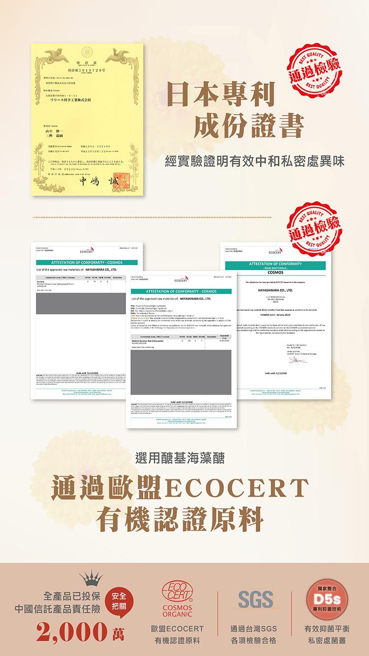 特路第3919729号，切母一大科学工業餘式会社，日本專利，通過檢驗，成份證書，經實驗證明有效中和私密處異味，通過檢驗，選用醣基海藻醣，通過歐盟ECOCERT，有機認證原料，全產品已投保，中國信託產品責任險，獨家整合，專利抑菌技術，2,000萬，歐盟