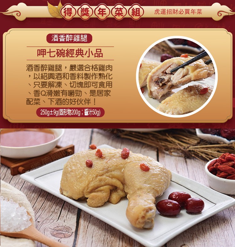 得)(獎)(年)(菜)(組)，虎運招財必買年菜，酒香醉雞腿，呷七碗經典小品，酒香醉雞腿,嚴選合格雞肉，以紹興酒和香料製作熟化，只要解凍、切塊即可食用，香Q滑嫩有嚼勁、 是居家，配菜、下酒的好伙伴!250g士9(固形物20g;番汁50g)，廣國券。