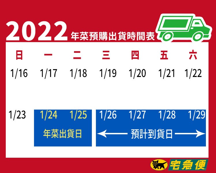 2022年菜預購出貨時間表O,三 四,五 六,年菜出貨日,一 預計到貨日一,宅急便。