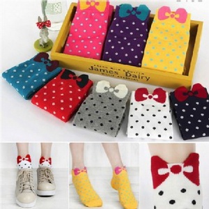 韓國蝴蝶結圓點純棉短筒襪_共10色任選 特價：$39