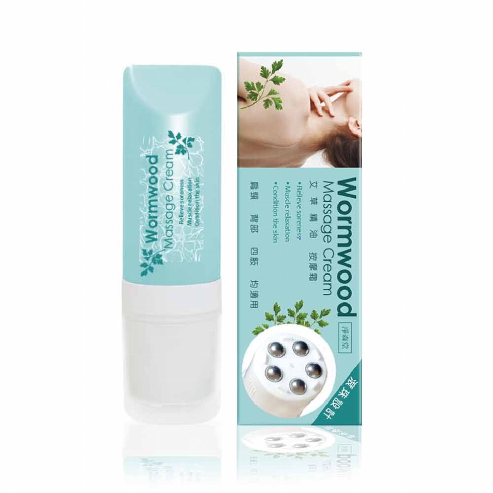 滾珠設計，艾草精油 按摩霜，•Relleve soreness，•Muscle relaxation，•Condition the skin，均適用。